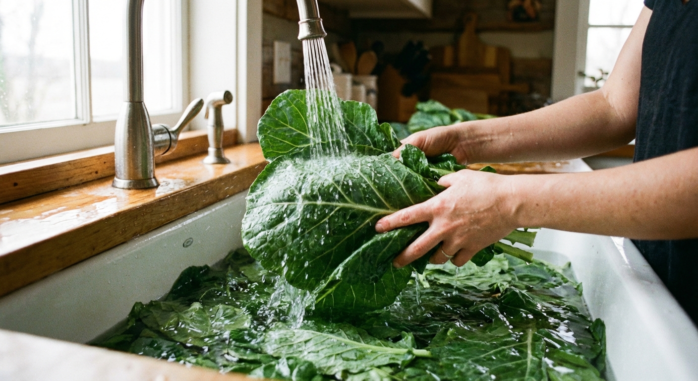 Fresh collard greens being washed in a large kitchen sink with water droplets on the leaves