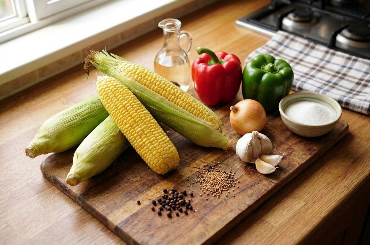 Fresh corn, a red bell pepper, a green bell pepper, a small onion, garlic, vinegar, sugar, and spices arranged on a wooden cutting board