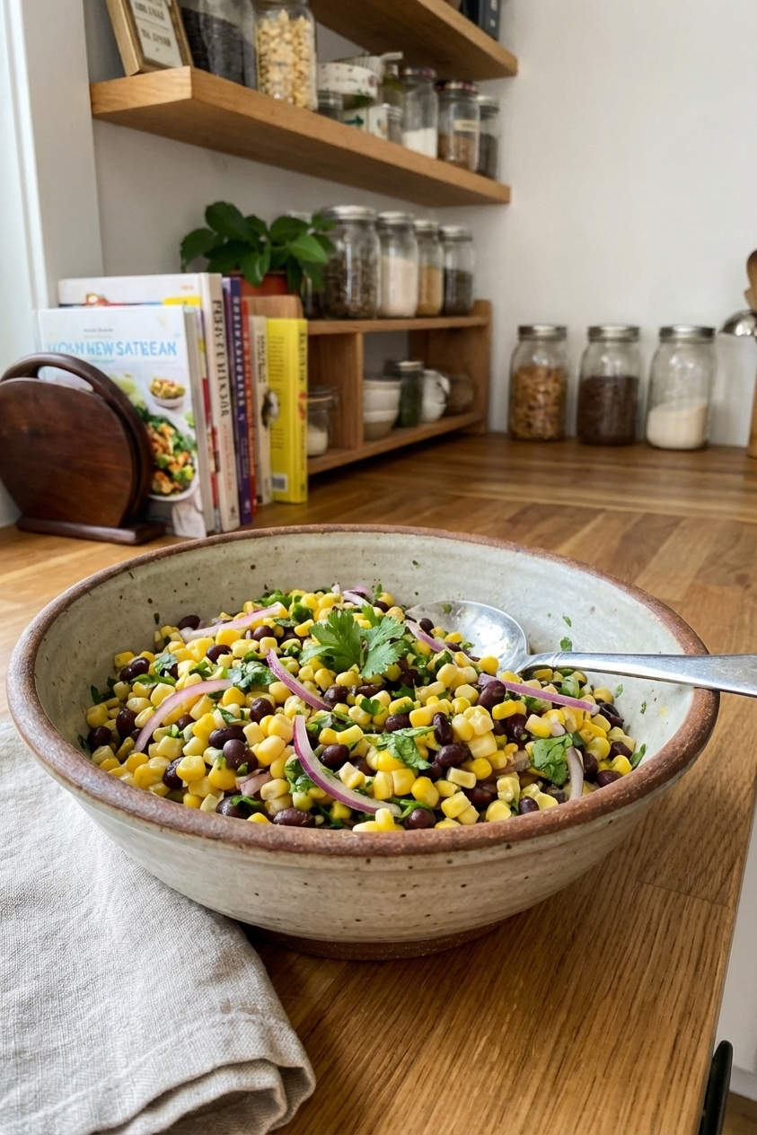 Fresh corn and black bean salad with red onion and cilantro in a serving bowl