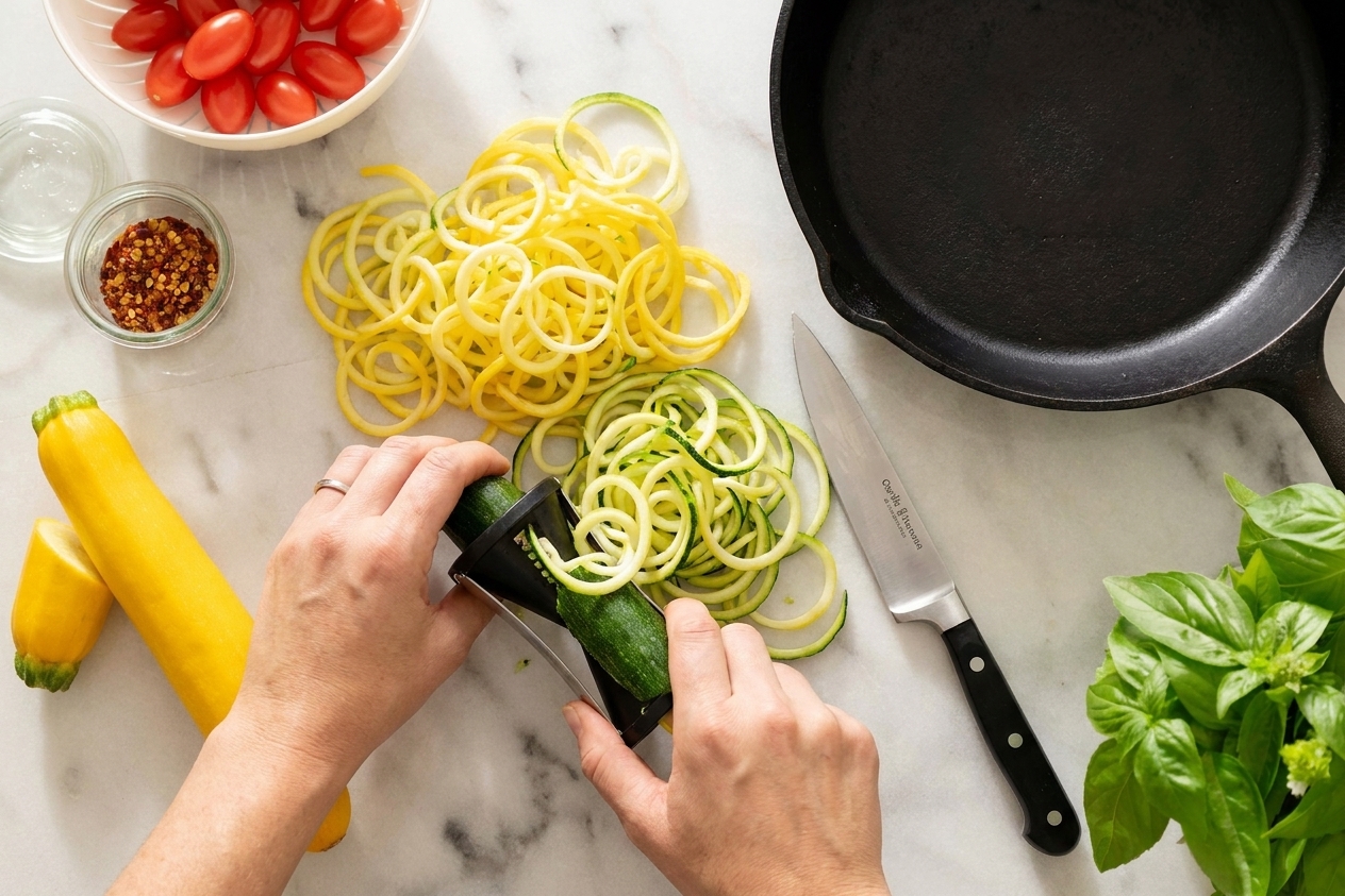 Fresh courgette being spiralized into curly strands on a kitchen counter