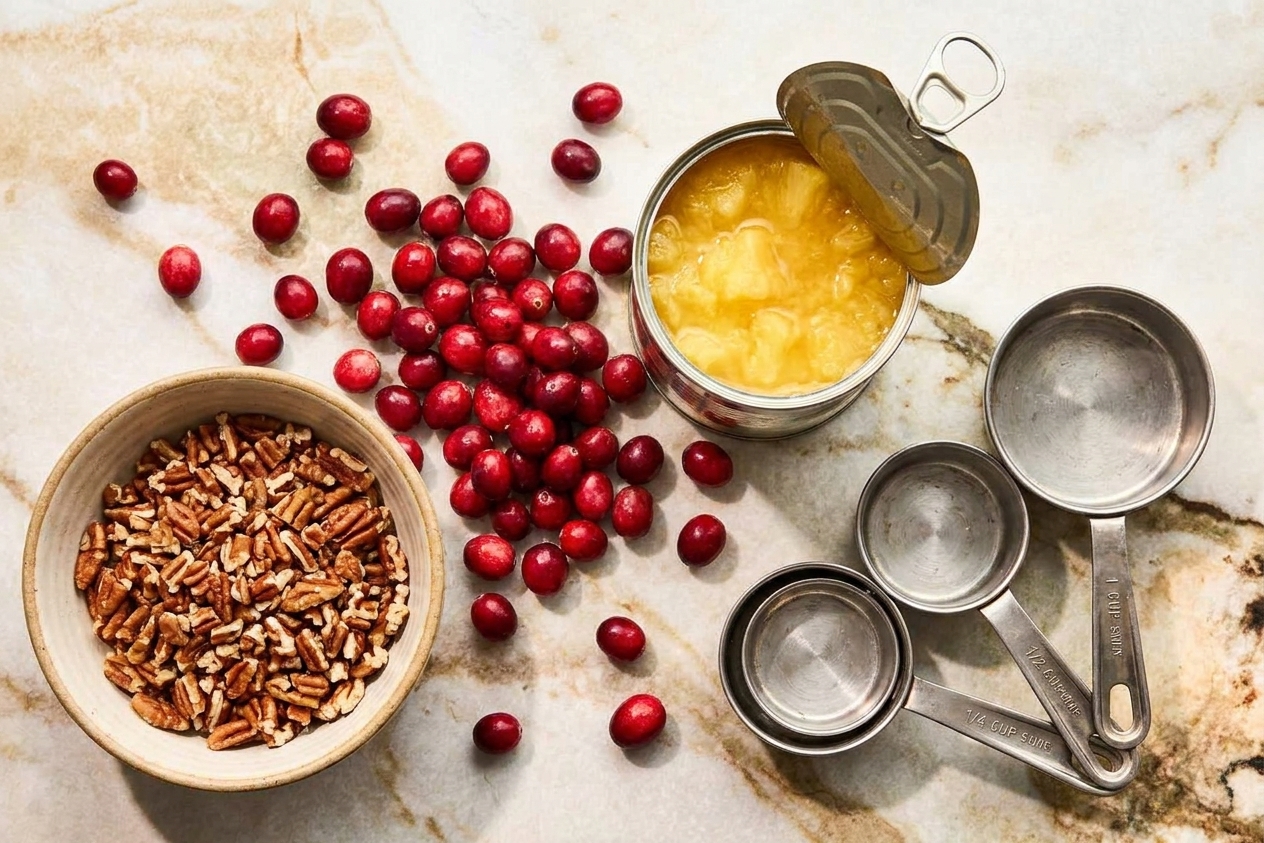 Fresh cranberries, a can of crushed pineapple, a bowl of chopped pecans, and measuring cups arranged on a bright kitchen counter