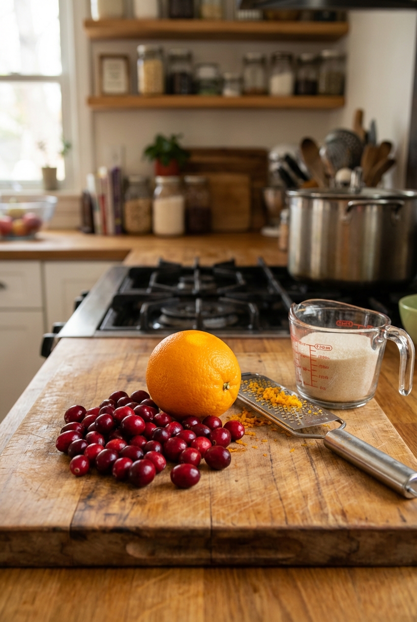 Fresh cranberries and a whole orange on a cutting board with a microplane and measuring cup nearby