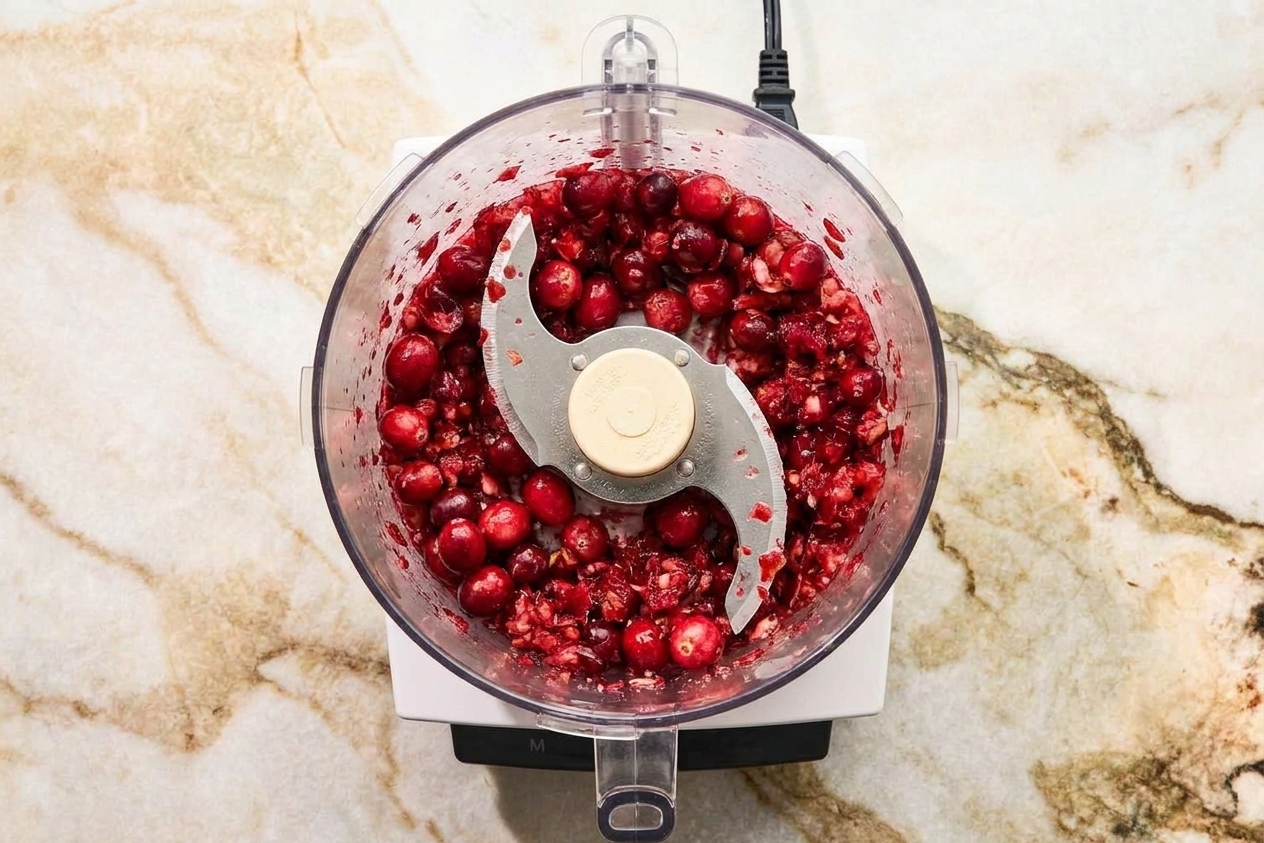 Fresh cranberries being pulsed in a food processor until finely chopped, with the lid off on a bright kitchen counter