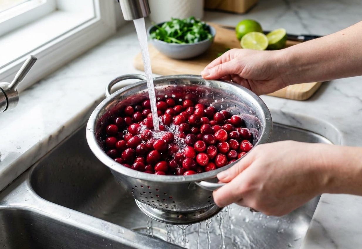 Fresh cranberries being rinsed in a metal colander in a kitchen sink with running water