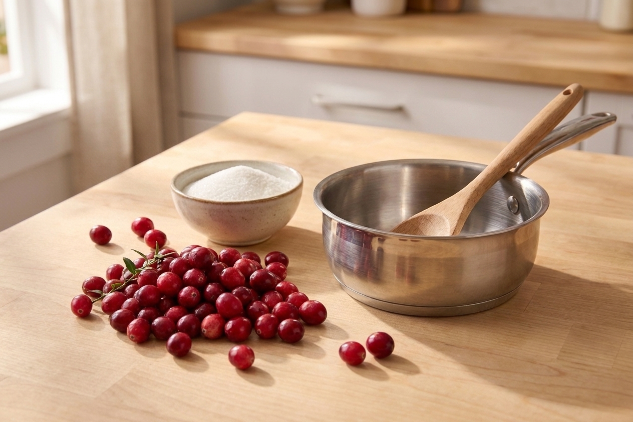 Fresh cranberries, granulated sugar, and a small saucepan on a kitchen counter, ready to cook