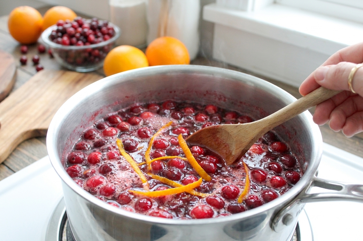 Fresh cranberries simmering in a saucepan with orange zest visible on the surface, bubbles gently breaking around the edges