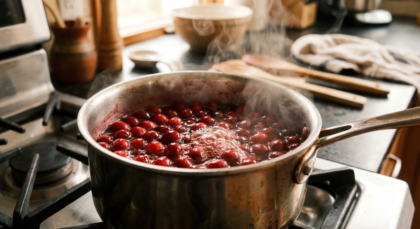 Fresh cranberries simmering in a stainless steel saucepan with steam rising