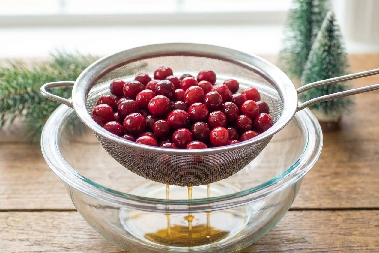 Fresh cranberries sitting in a fine-mesh strainer over a bowl after being coated in warm syrup