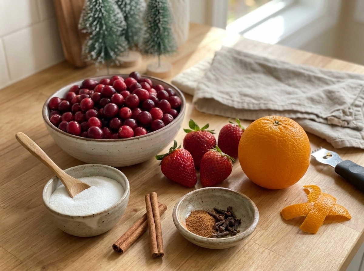 Fresh cranberries, strawberries, an orange, cinnamon sticks, and small bowls of sugar and spices arranged on a tidy kitchen counter under warm light