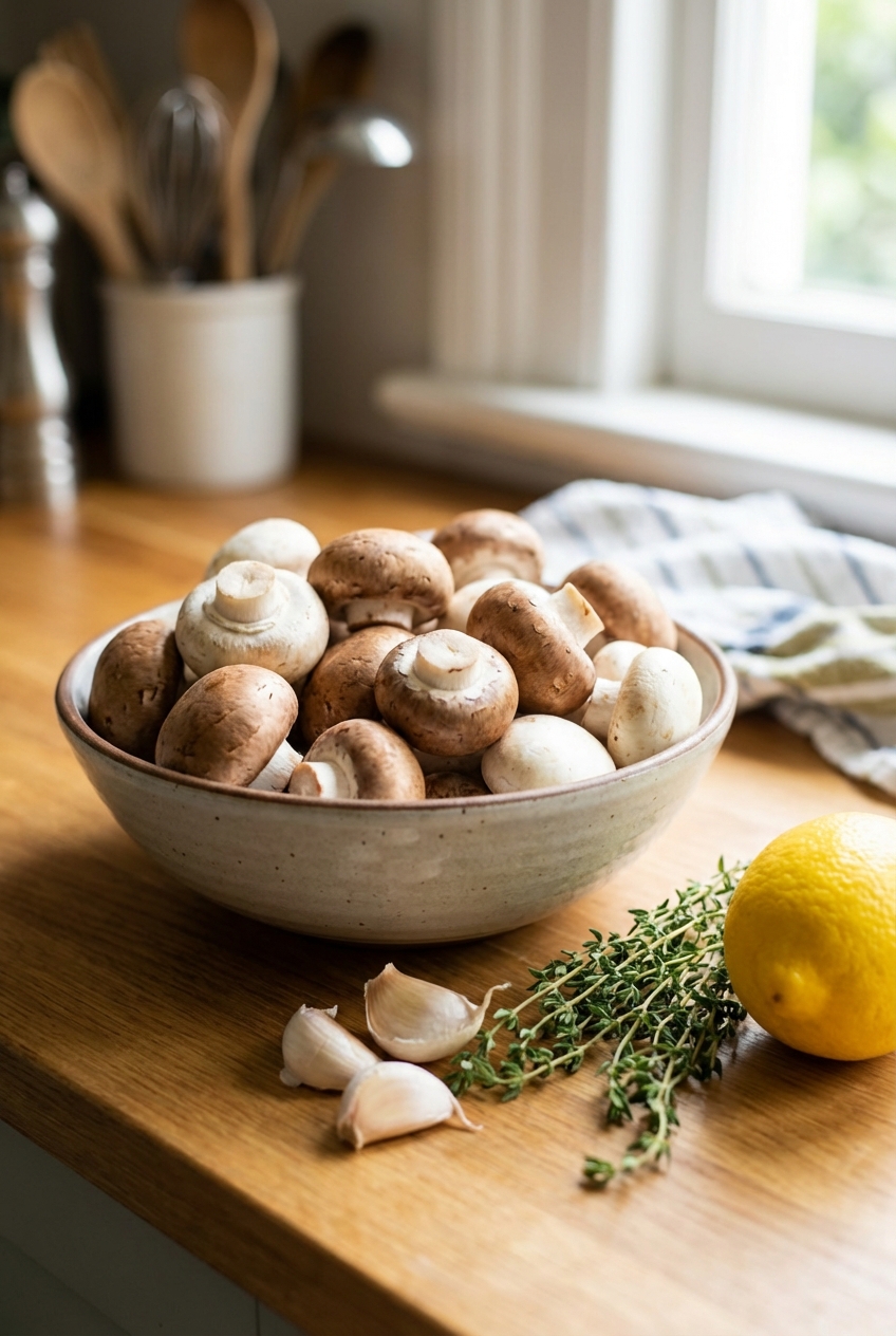 Fresh cremini and button mushrooms in a bowl next to garlic, thyme, and a lemon on a kitchen counter