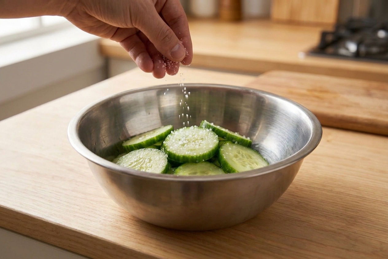 Fresh cucumber slices in a stainless steel mixing bowl being sprinkled with kosher salt on a bright kitchen counter