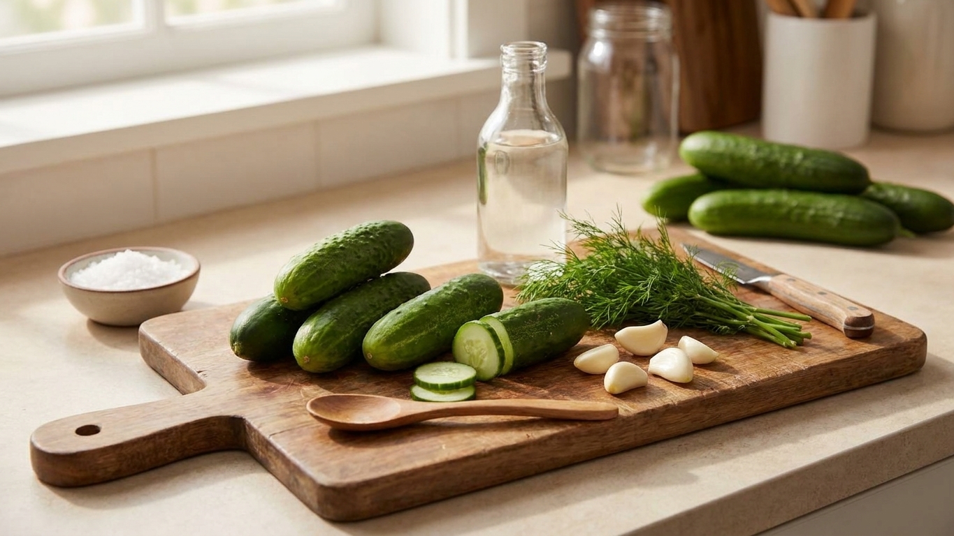 Fresh cucumbers, dill, garlic cloves, vinegar, and salt arranged on a cutting board on a home kitchen counter