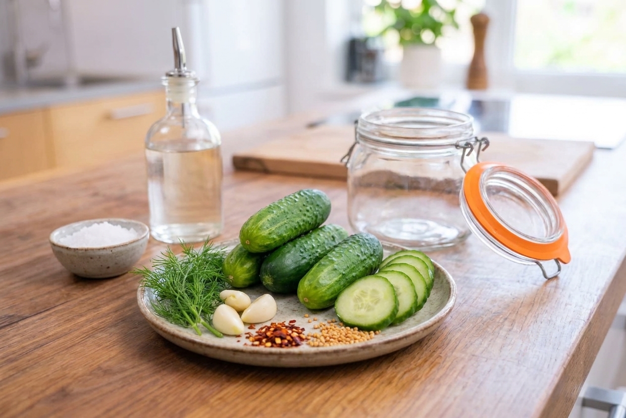 Fresh cucumbers, dill, garlic cloves, vinegar, and spices arranged on a clean kitchen counter in natural light