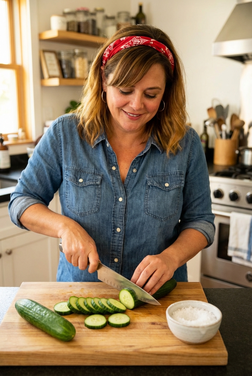 Fresh cucumbers sliced into even rounds on a cutting board with a chef's knife and a small bowl of salt