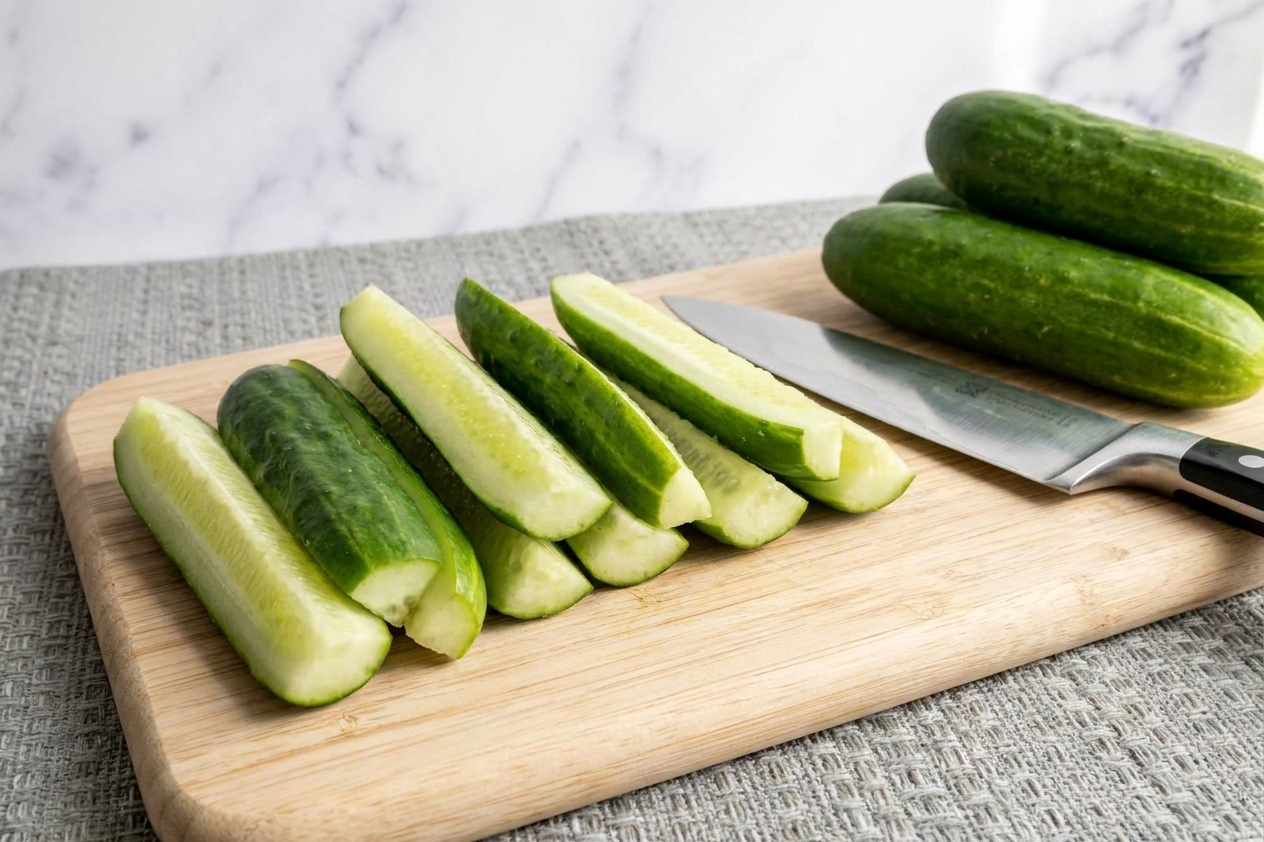 Fresh cucumbers sliced into spears on a wooden cutting board in a home kitchen