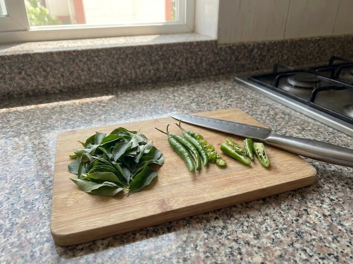 Fresh curry leaves and slit green chiles on a cutting board next to a knife on a kitchen counter