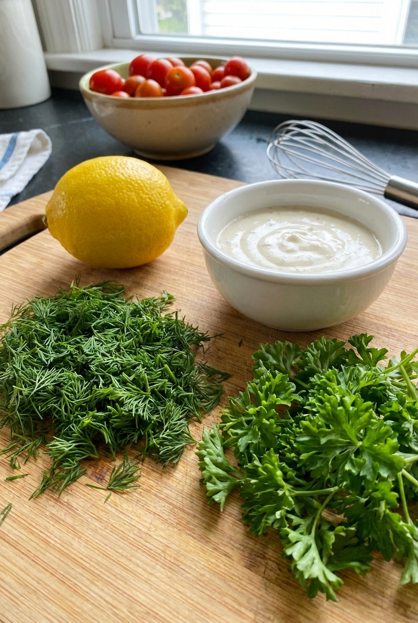 Fresh dill and parsley on a cutting board next to a lemon and a small bowl of creamy dressing