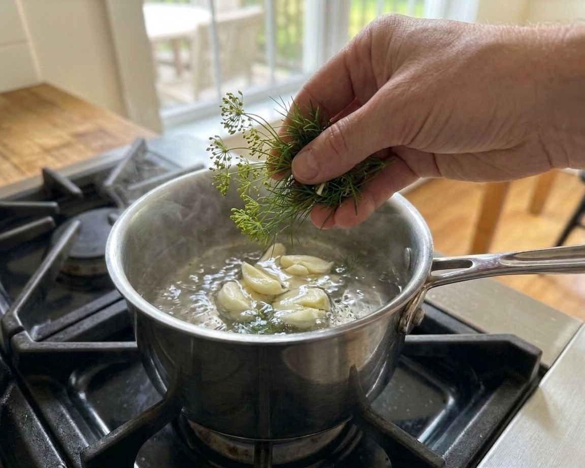 Fresh dill sprigs and smashed garlic being added to a warm saucepan of pickle brine