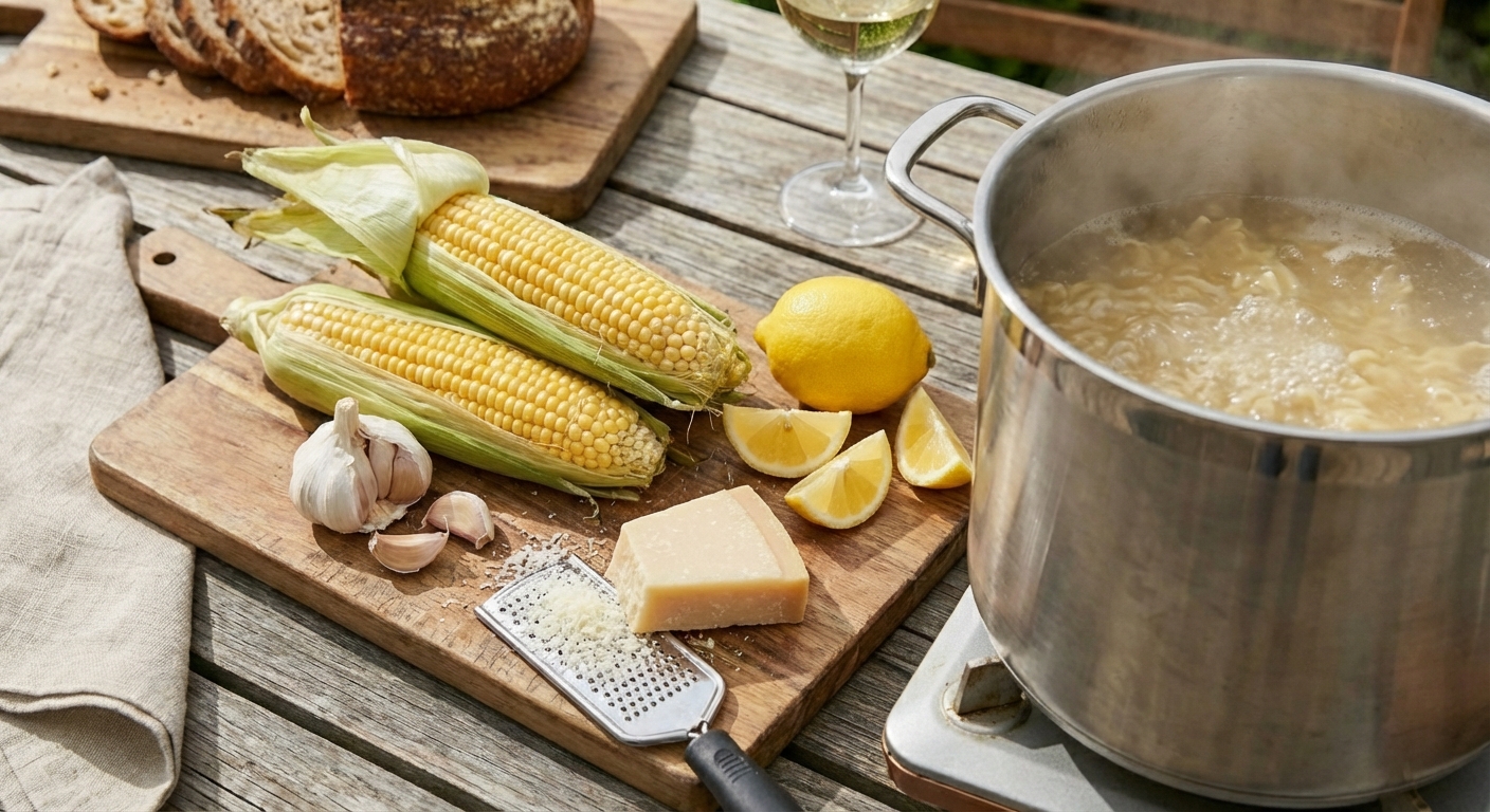 Fresh ears of corn, a lemon, garlic, and parmesan on a cutting board next to a pot of pasta water