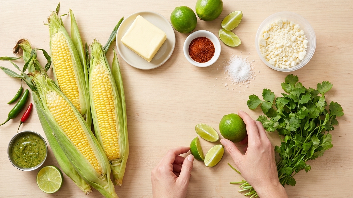 Fresh ears of corn, butter, limes, chili powder, salt, cotija cheese, and cilantro arranged on a bright kitchen counter