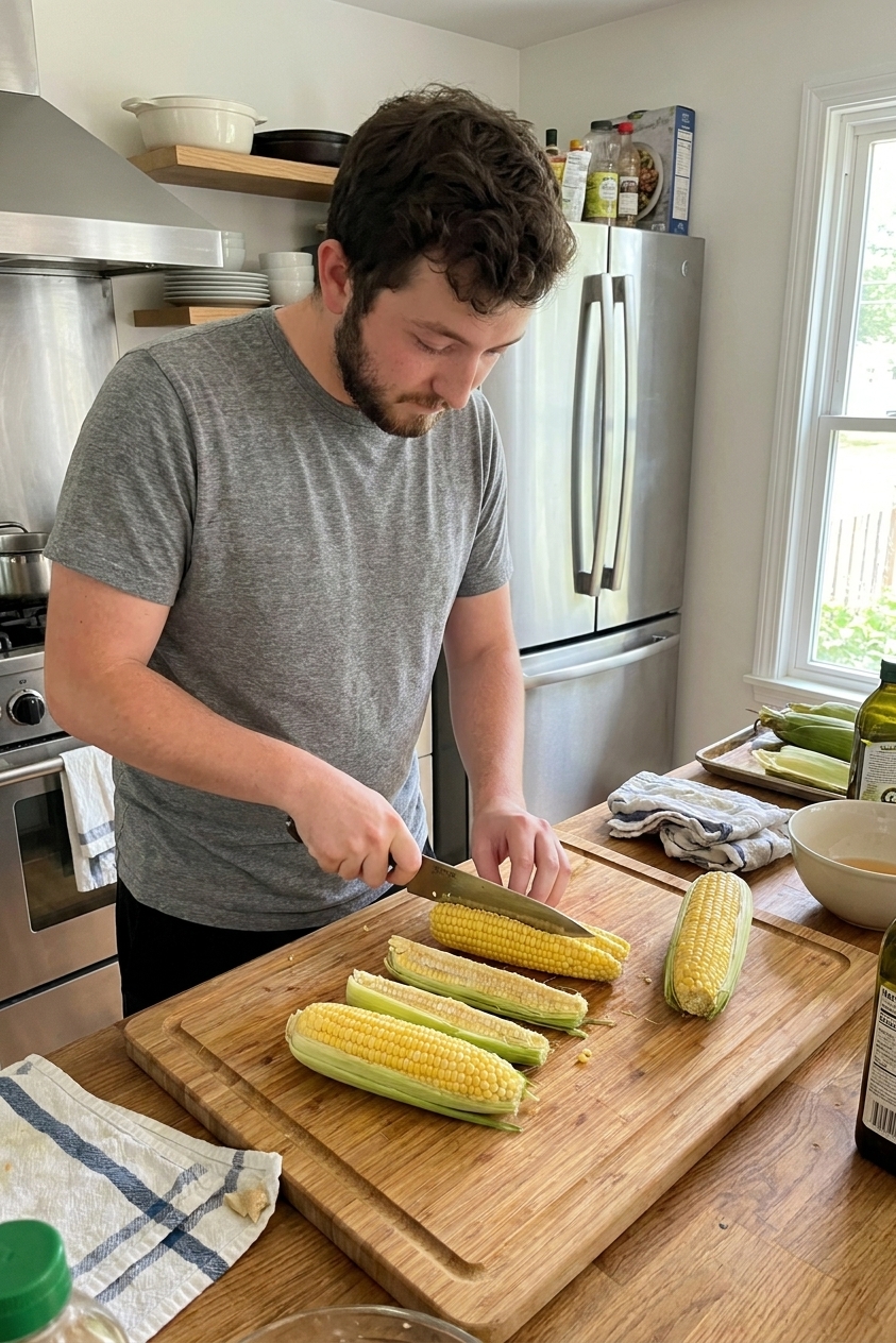 Fresh ears of corn quartered lengthwise into riblets on a wooden cutting board with a chef's knife nearby, kitchen counter scene