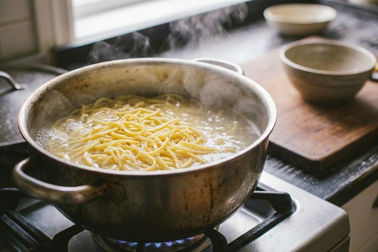 Fresh egg noodles simmering in a pot of salted water on a stovetop with steam rising