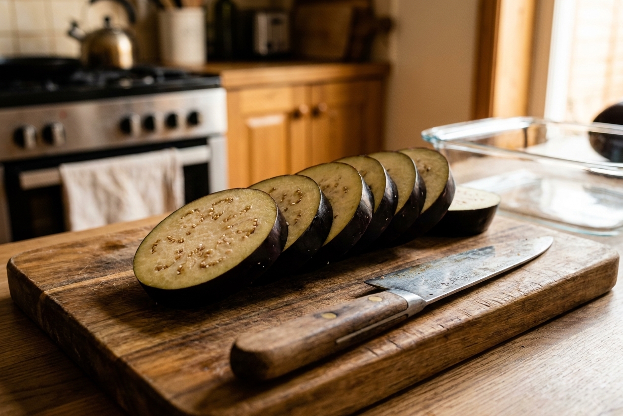 Fresh eggplant sliced into thick rounds on a wooden cutting board with a chef’s knife nearby