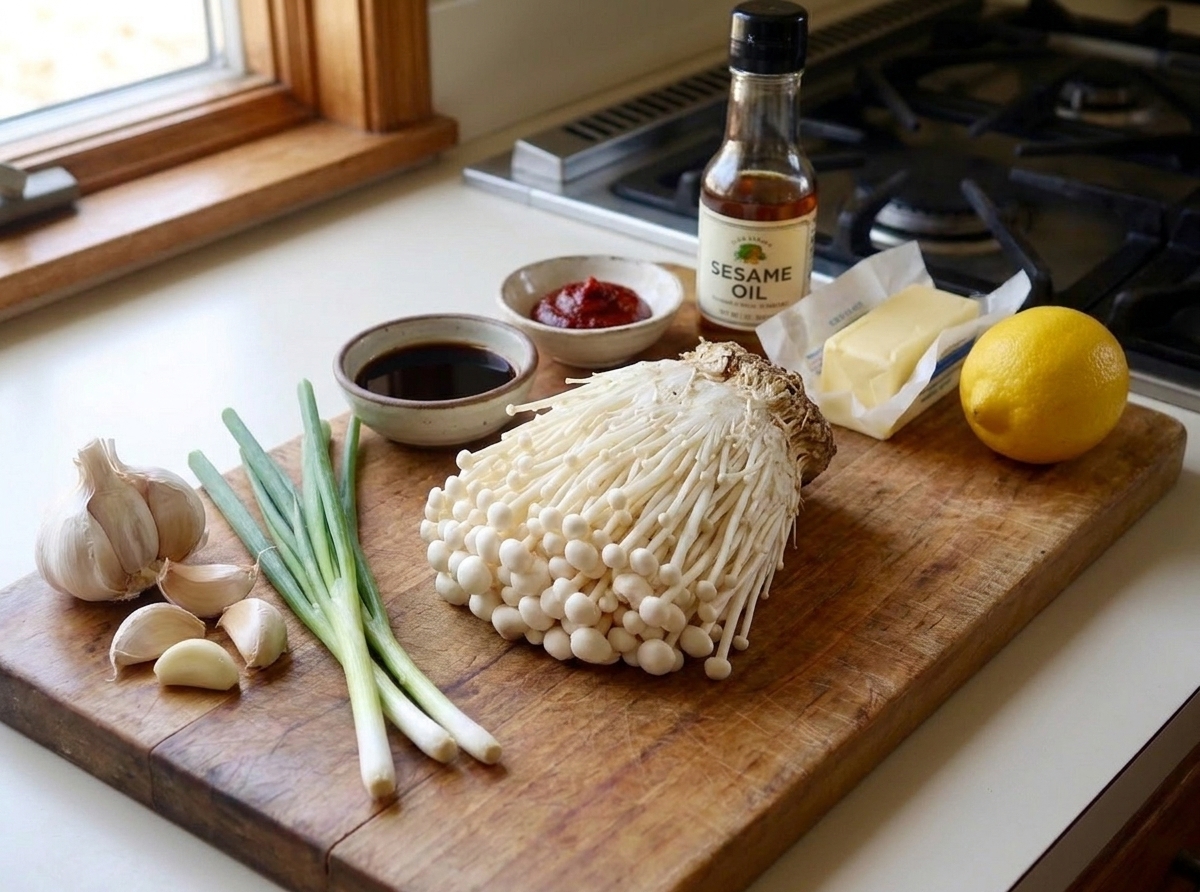 Fresh enoki mushrooms, garlic, scallions, soy sauce, gochujang, sesame oil, butter, and a lemon arranged on a clean kitchen counter