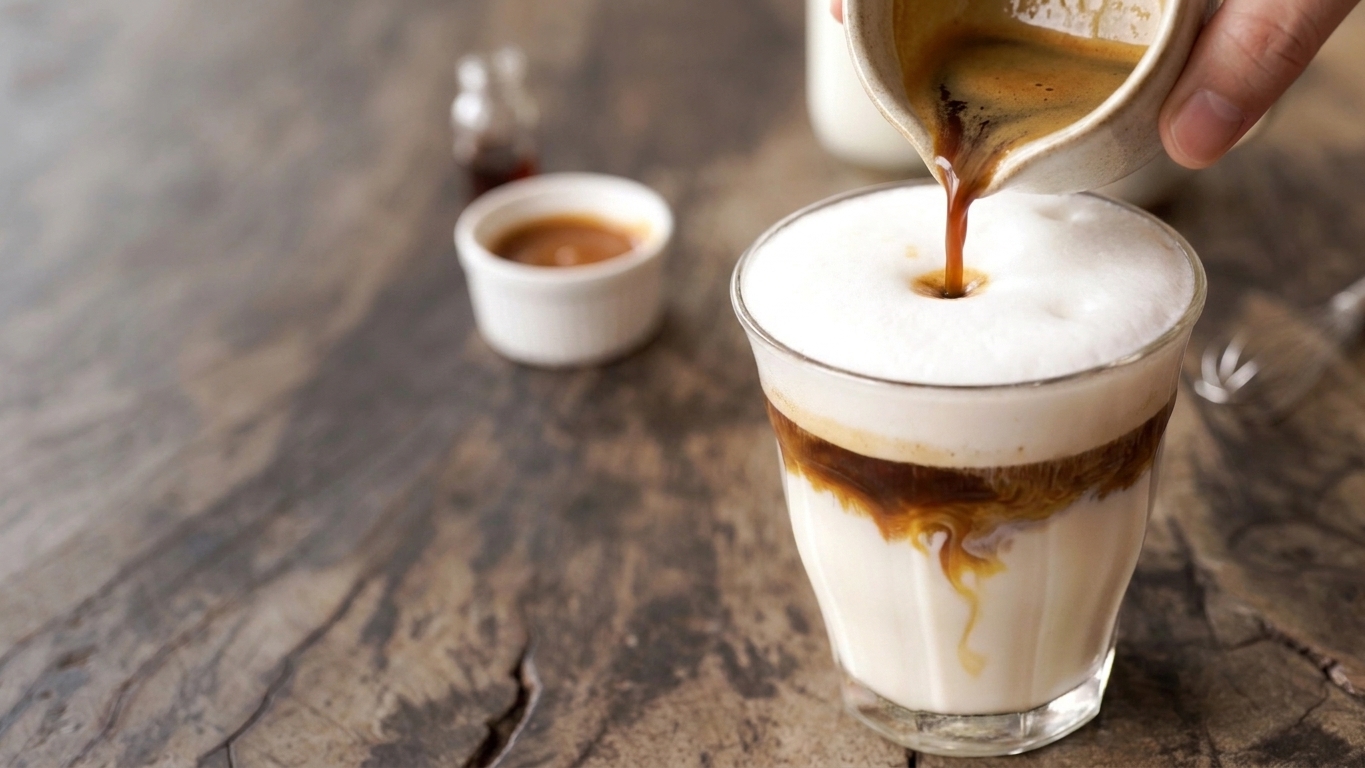 Fresh espresso being poured into a glass over foamed vanilla milk, showing a dark coffee layer forming on top