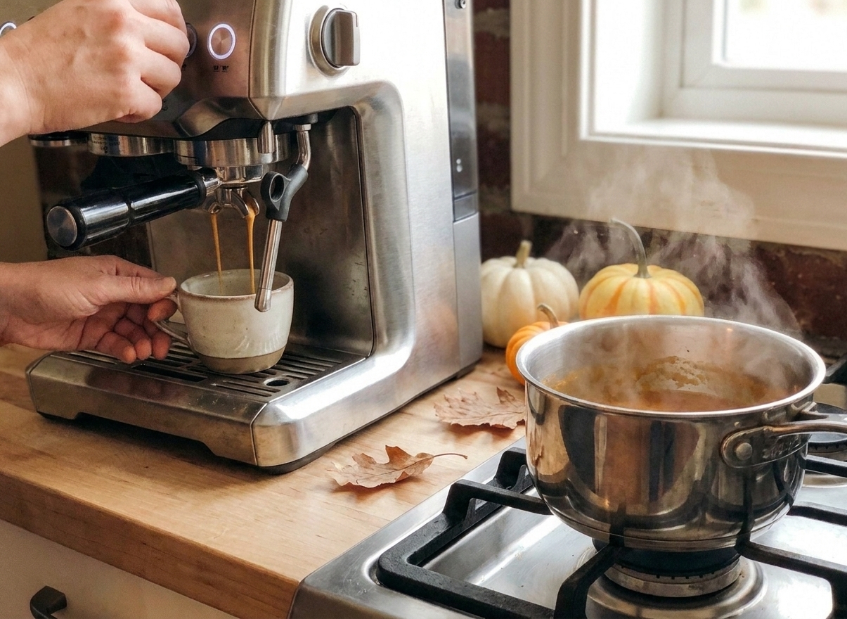 Fresh espresso being pulled into a small cup beside a saucepan on a home kitchen counter with warm lighting