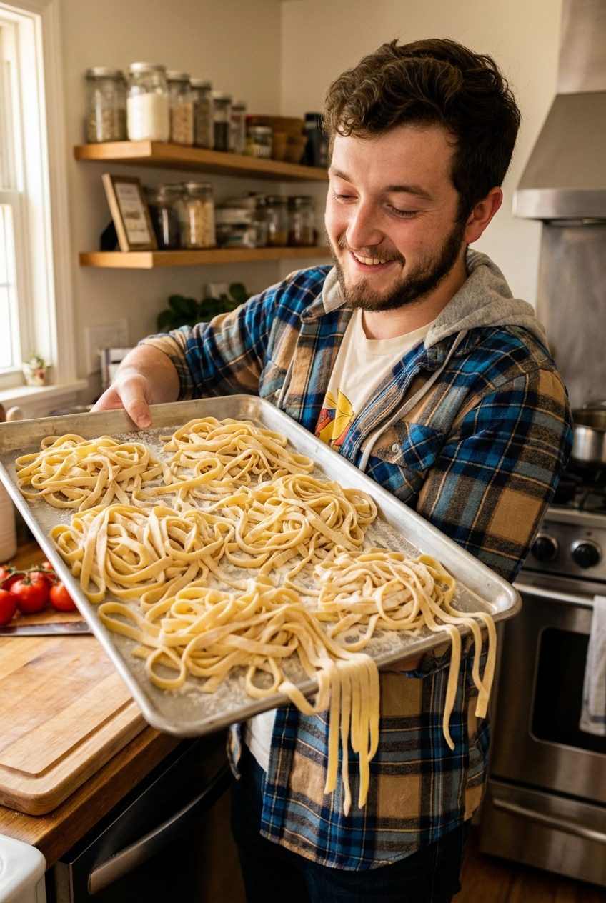 Fresh fettuccine noodles tossed with flour on a sheet pan, ready to cook