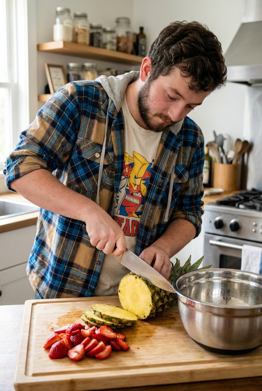 Fresh fruit being cut on a cutting board with a chef's knife, including strawberries and pineapple, with a mixing bowl nearby on a kitchen counter