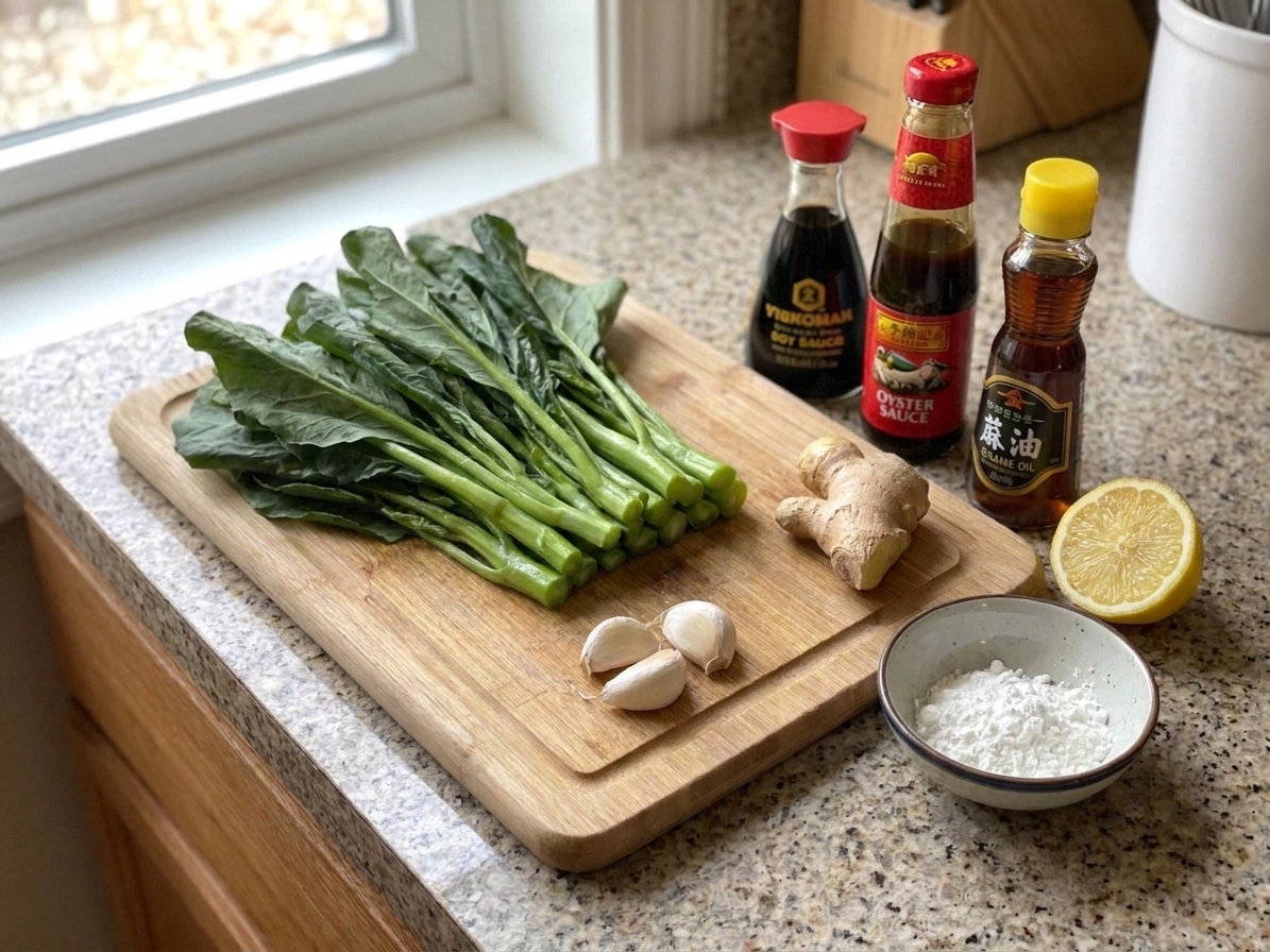 Fresh gai lan, garlic cloves, a knob of ginger, soy sauce, oyster sauce, sesame oil, cornstarch, and a lemon wedge arranged on a clean kitchen counter