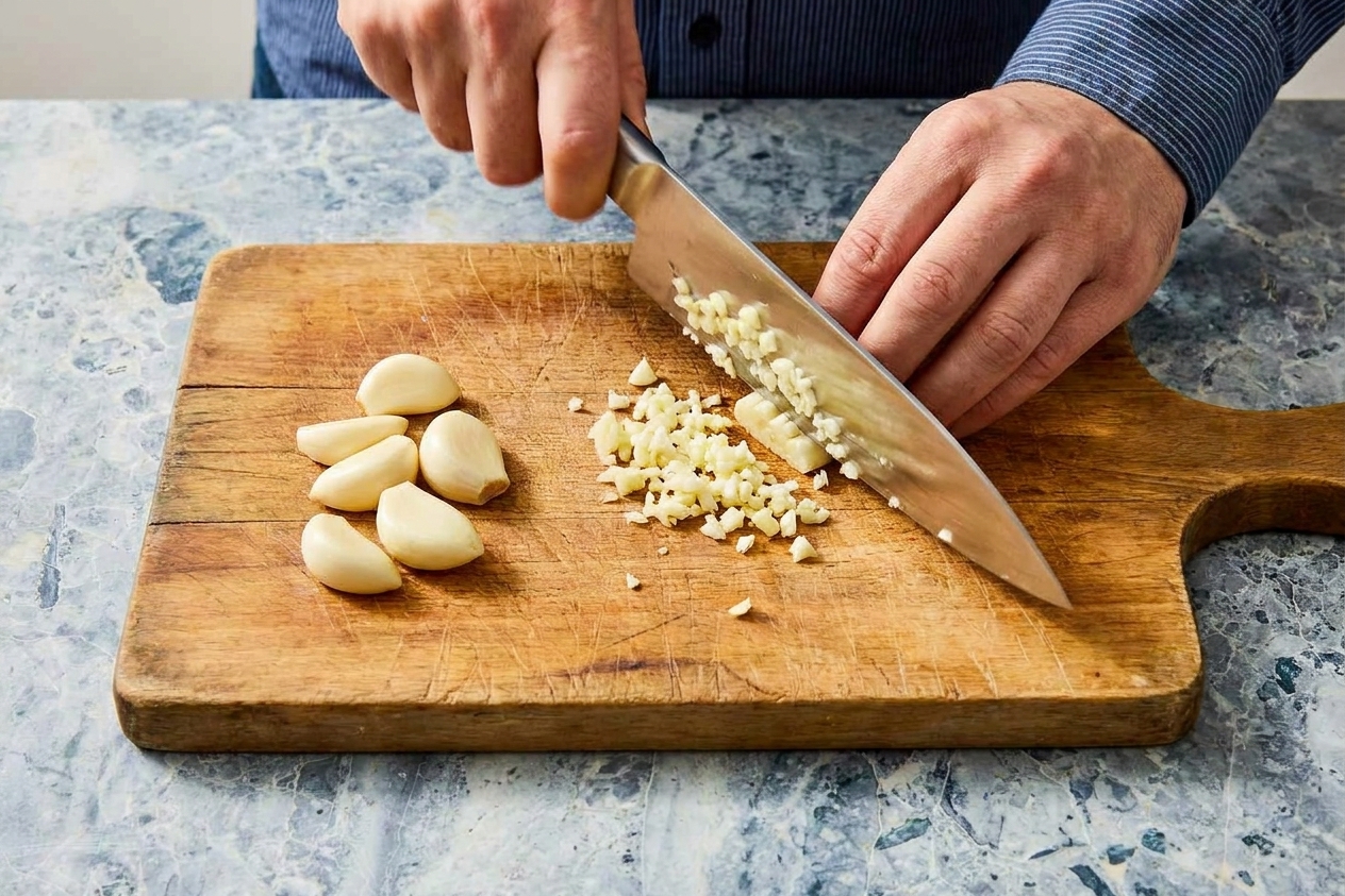 Fresh garlic cloves being minced on a wooden cutting board beside a chef's knife on a bright kitchen counter