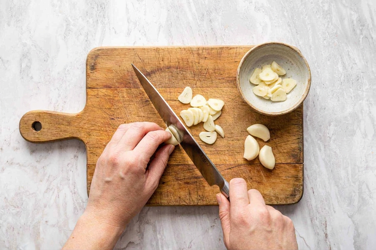 Fresh garlic cloves being thinly sliced on a wooden cutting board with a chef's knife