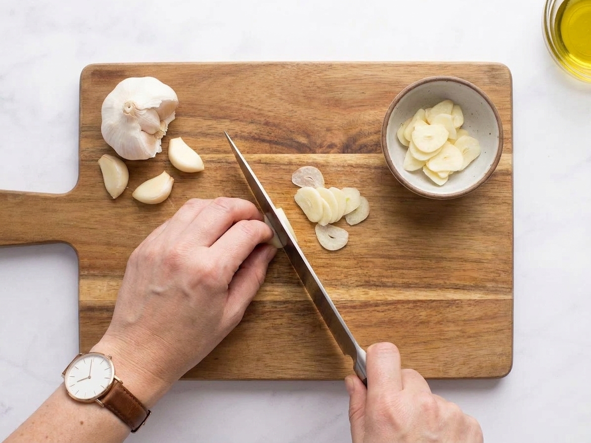 Fresh garlic cloves being thinly sliced on a wooden cutting board beside a chef knife on a kitchen counter