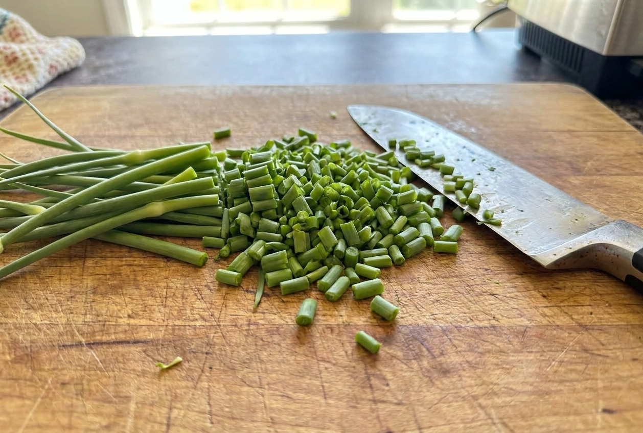 Fresh garlic scapes chopped into small pieces on a wooden cutting board with a chef's knife beside them