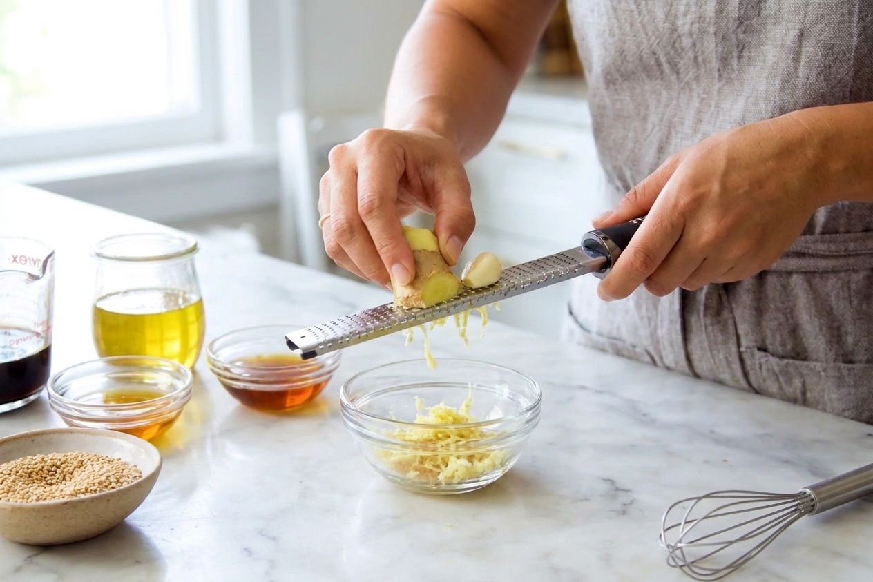 Fresh ginger and garlic being grated on a microplane over a small bowl on a kitchen counter