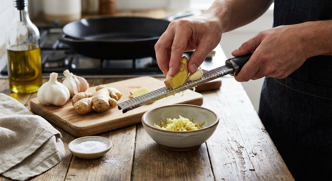 Fresh ginger and garlic being grated on a microplane over a small bowl on a kitchen counter