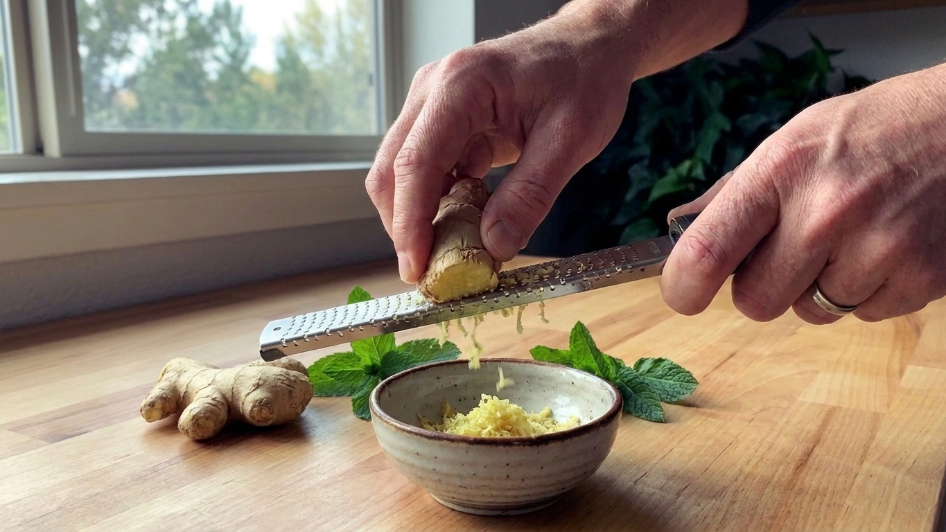 Fresh ginger being grated on a microplane over a small bowl on a kitchen counter