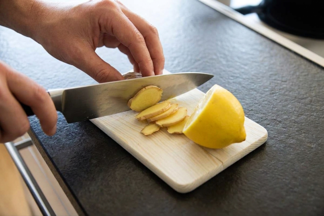 Fresh ginger being sliced into thin coins on a cutting board on a light stone kitchen counter, with a chef's knife and lemon nearby