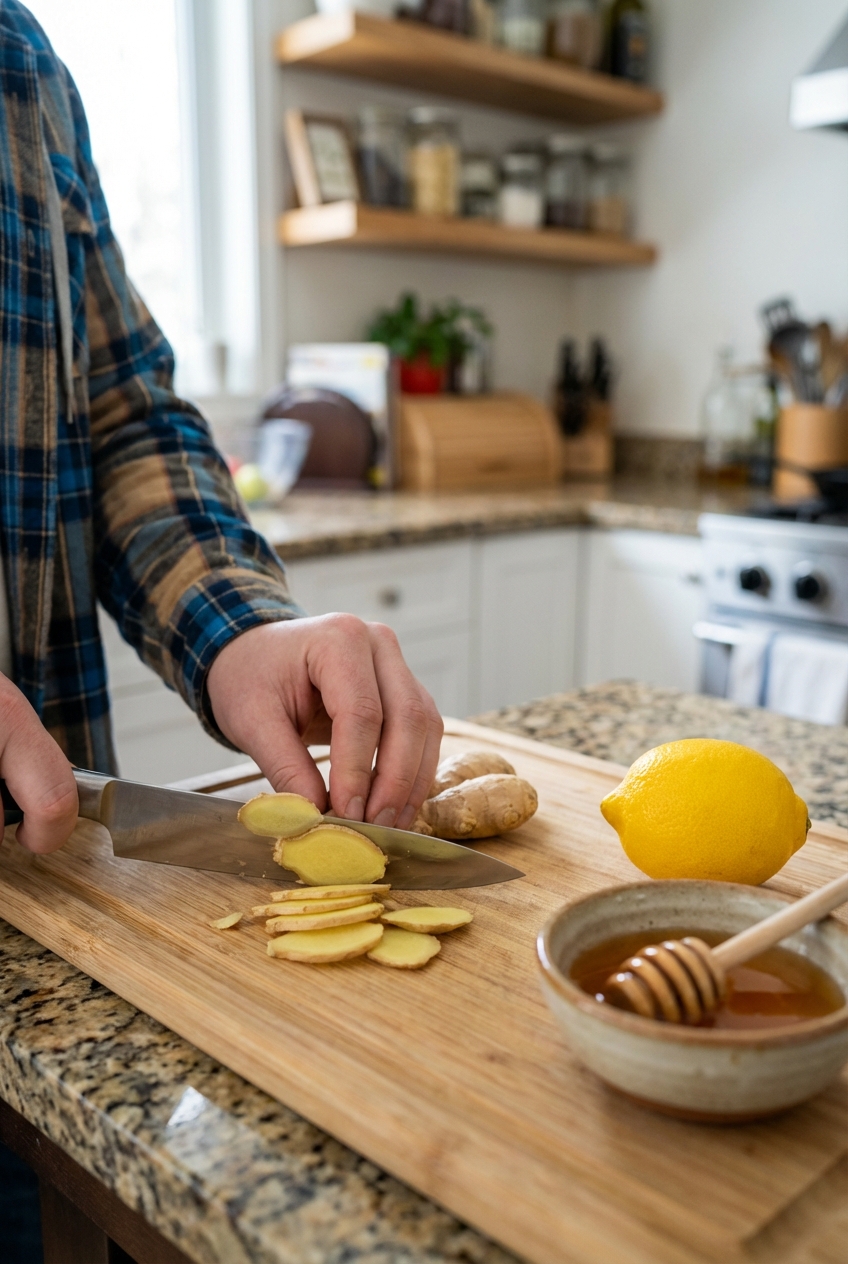 Fresh ginger being sliced next to a lemon and a small bowl of honey on a kitchen counter