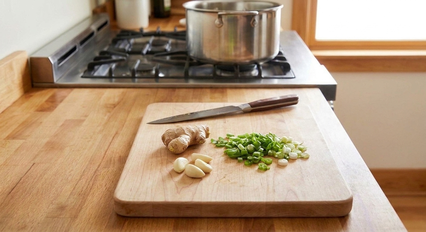 Fresh ginger, garlic cloves, and sliced scallions on a cutting board with a chef's knife on a clean kitchen counter