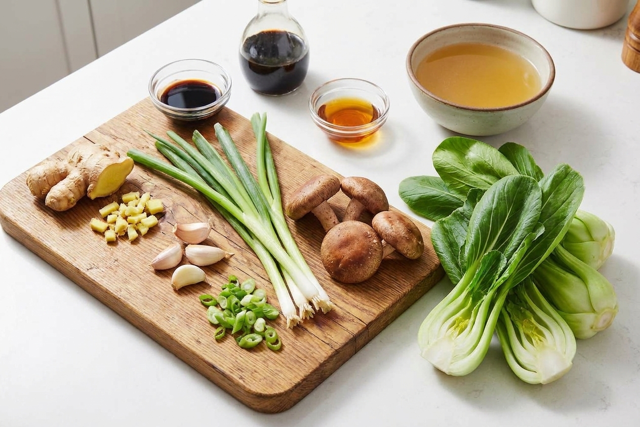 Fresh ginger, garlic, scallions, mushrooms, bok choy, soy sauce, sesame oil, and broth arranged on a bright kitchen counter