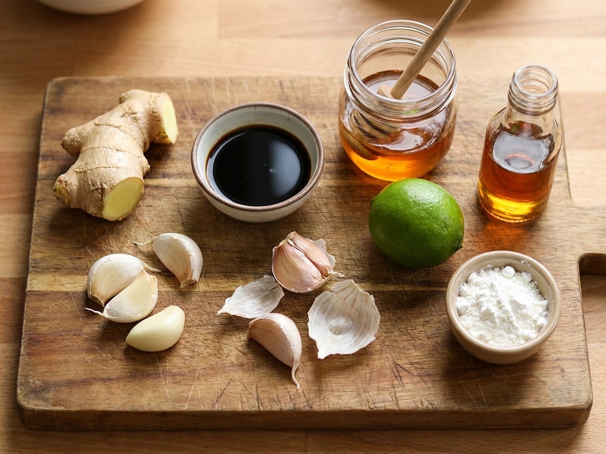 Fresh ginger, garlic, soy sauce, honey, lime, sesame oil, and cornstarch arranged on a wooden cutting board beside a small bowl