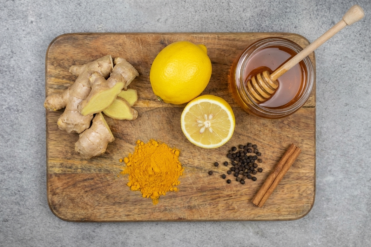 Fresh ginger, ground turmeric, lemon, honey, black pepper, and a cinnamon stick arranged on a wooden cutting board on a kitchen counter