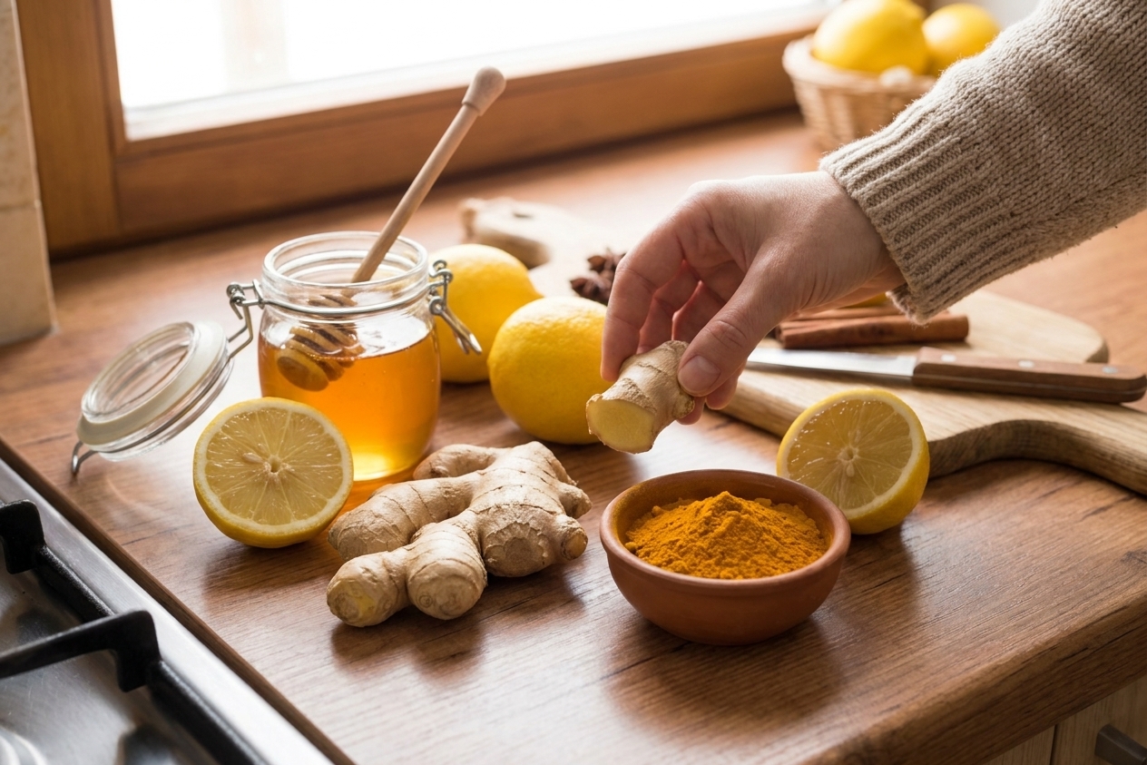Fresh ginger knobs, whole lemons, a jar of honey, and a small bowl of turmeric on a clean kitchen counter