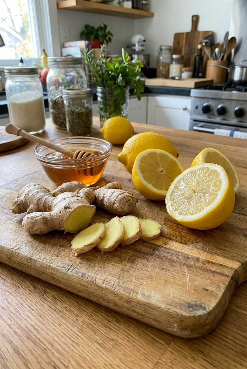 Fresh ginger root and lemons on a kitchen cutting board with a small bowl of honey