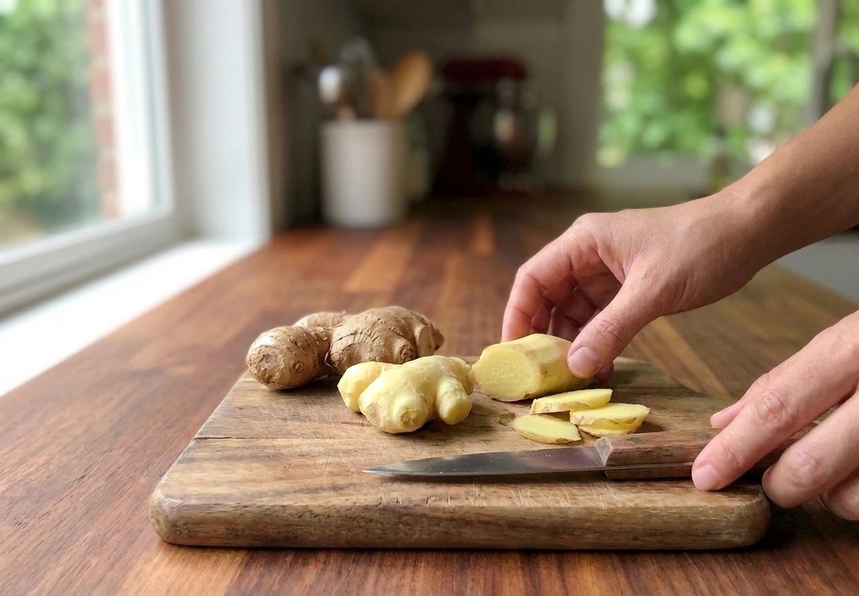Fresh ginger root and peeled ginger pieces on a wooden cutting board beside a small paring knife on a home kitchen counter in soft natural light