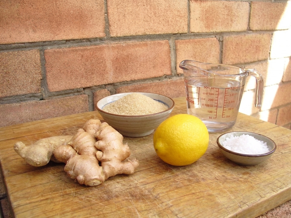 Fresh ginger root, granulated sugar, a lemon, a small bowl of salt, and a measuring cup of water arranged on a tidy kitchen counter